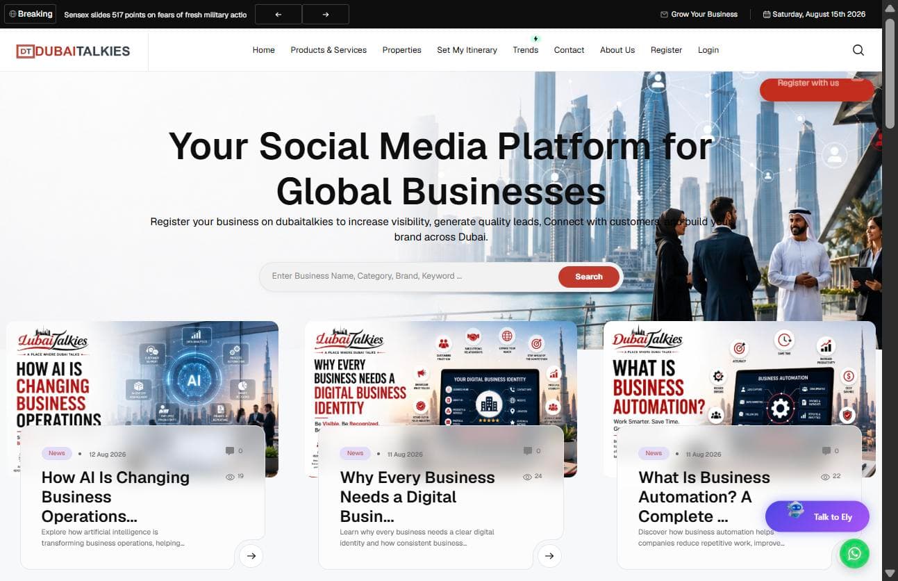 Screenshot of the DubaiTalkies homepage, showing the hero section and featured articles